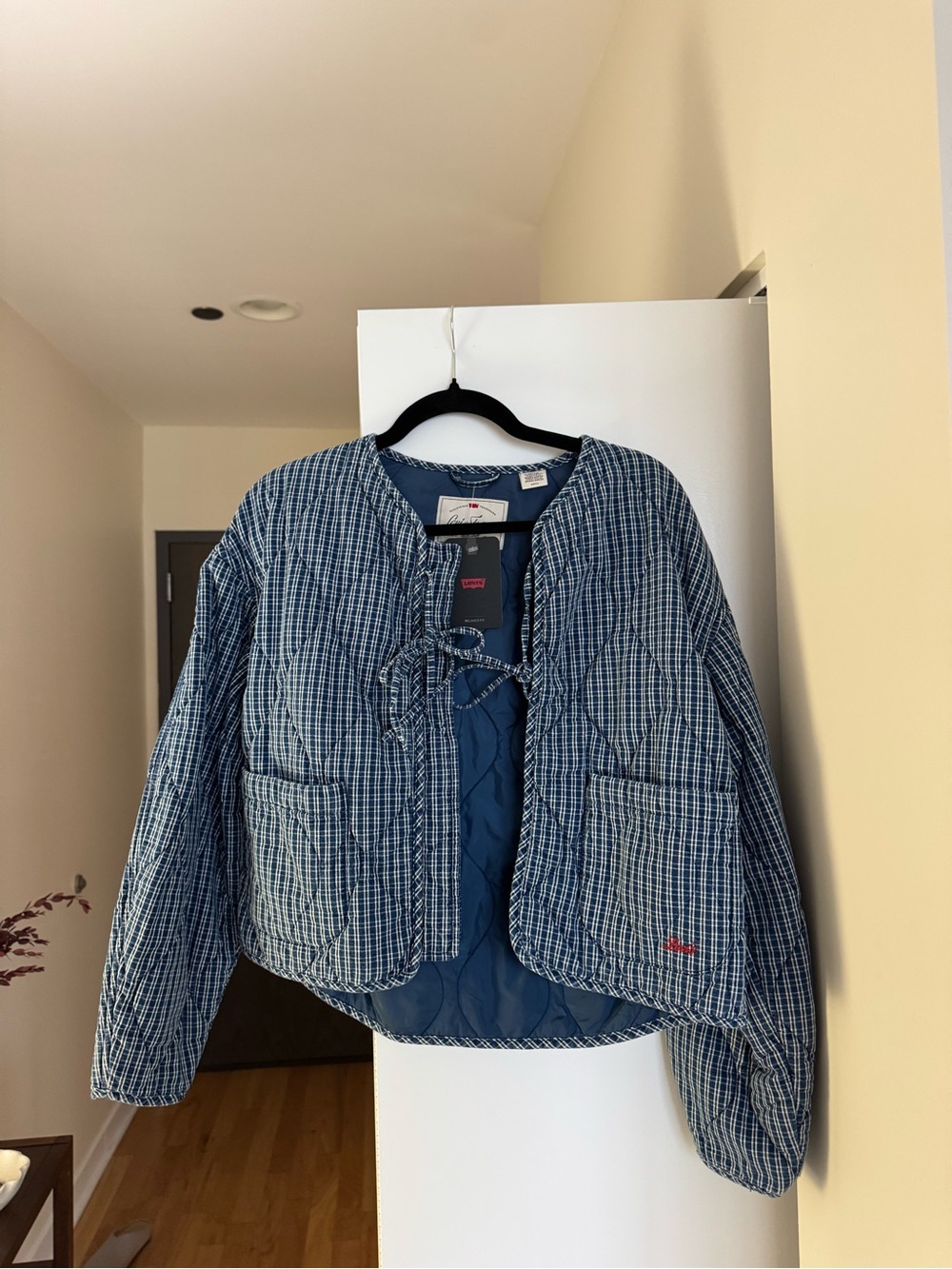 Levi's Blue Plaid Quilted Tie-Front Jacket